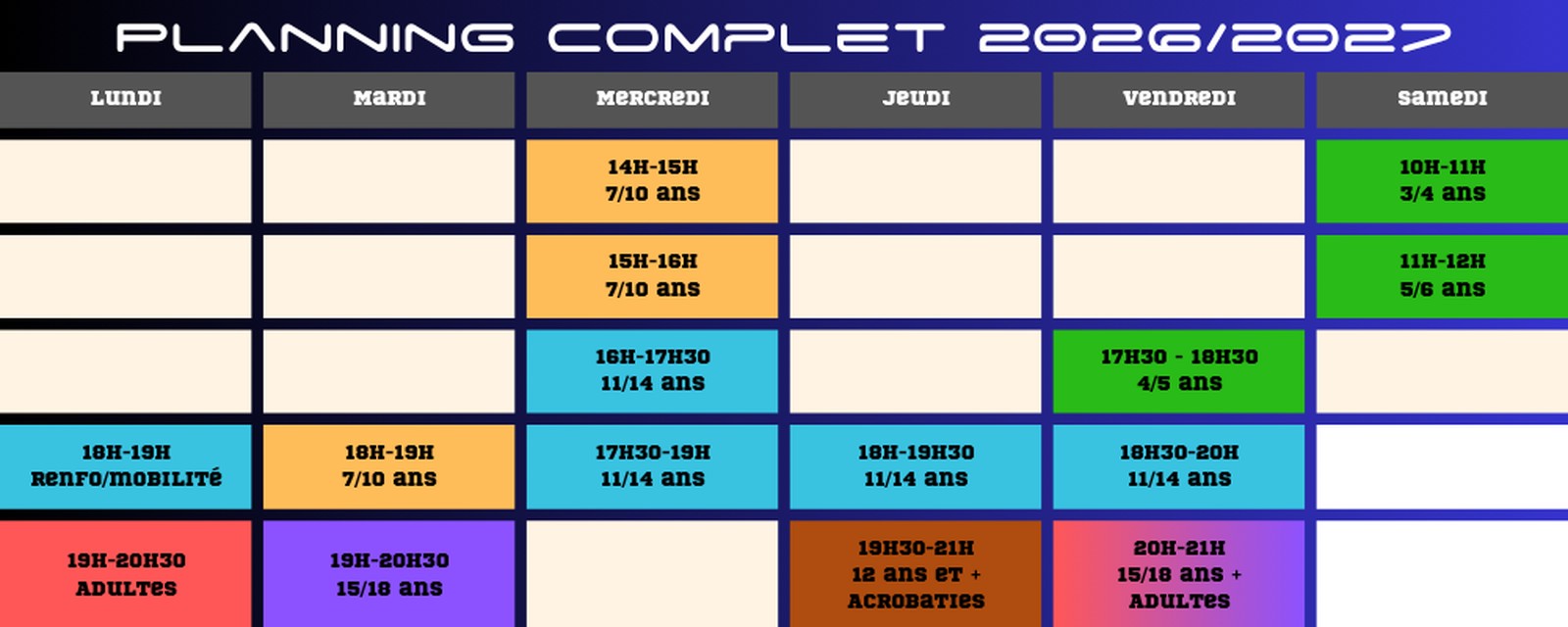 Planning complet des cours Vortex Parkour 2026/2027 par jour et par tranche d'âge